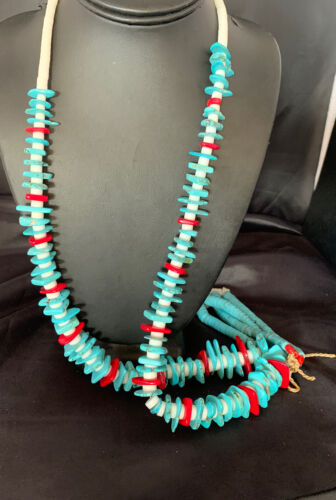 Native American Santo Domingo Blue Turquoise Red Coral Nugget Bead Jacla Necklace | 34" | 13197