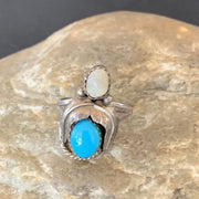 Navajo Blue Turquoise Moonstone Ring | Authentic Native American Sterling Silver | Multi-Stone | Sz 6.5 | 10770