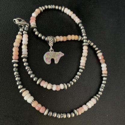 Navajo Bear Pink Opal Bead Necklace | Sterling Silver Inlay Pendant | Authentic Native American Handmade | 13459