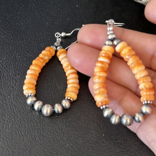 Navajo Orange Spiny Oyster Bead Earrings | Sterling Silver | Authentic Native American Handmade | 14294