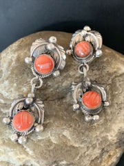 Native American Handmade Navajo Red Spiny Oyster Dangle Earrings | Sterling Silver | 2064