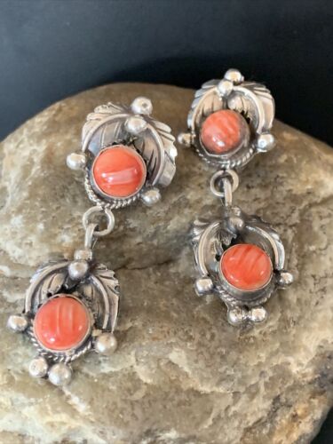 Native American Handmade Navajo Red Spiny Oyster Dangle Earrings | Sterling Silver | 2064