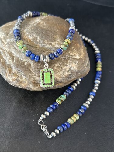 Navajo Green Turquoise and Lapis Pendant Necklace | Sterling Silver | Authentic Native American Handmade | 14634