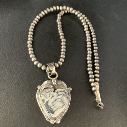 White Buffalo Turquoise Pendant Necklace | Sterling Silver | Navajo | Authentic Native American Handmade | 14057