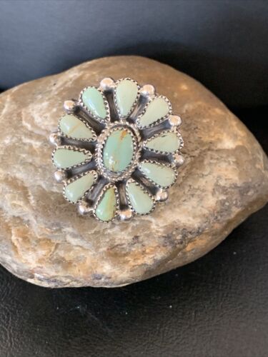 Navajo Women's Green Turquoise Multi-Stone Cluster Ring | Authentic Native American Sterling Silver | Sz 9 | 12194