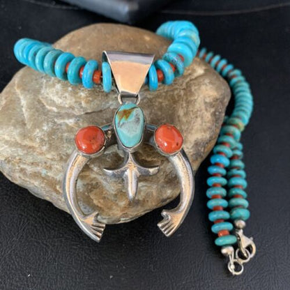 Navajo Sterling Silver Necklace | Blue Turquoise & Coral Naja Pendant | Authentic Native American Handmade | 13748