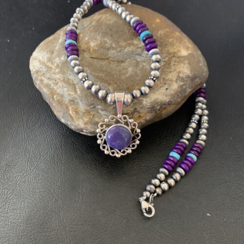 Women's Navajo Blue Turquoise Purple Sugilite Pendant Necklace | Sterling Silver | Native American Handmade | 12621