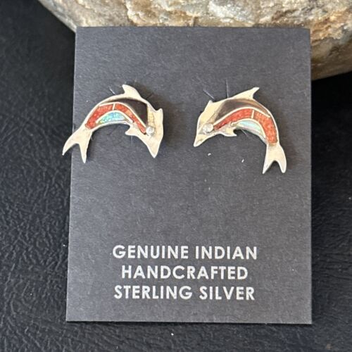 Navajo Multi-Color Dolphin Coral Lapis Inlay Earrings | Sterling Silver | Authentic Native American Handmade | 14658