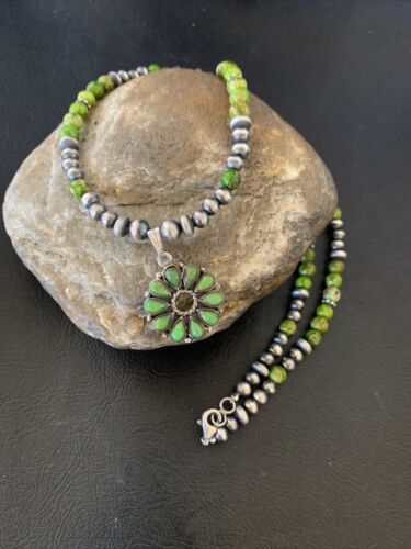Navajo Green Gaspeite Turquoise Multi-Stone Pendant | Authentic Native American Sterling Silver | 12264