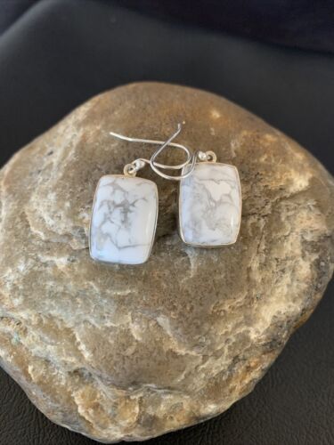 Navajo Sterling Silver White Howlite Black Dangle Rectangle Earrings | 0.75" | 12072