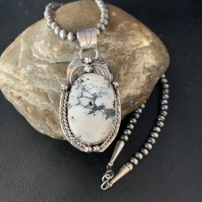 White Buffalo Turquoise Pendant Necklace | Sterling Silver | Navajo | Authentic Native American Handmade | 14052