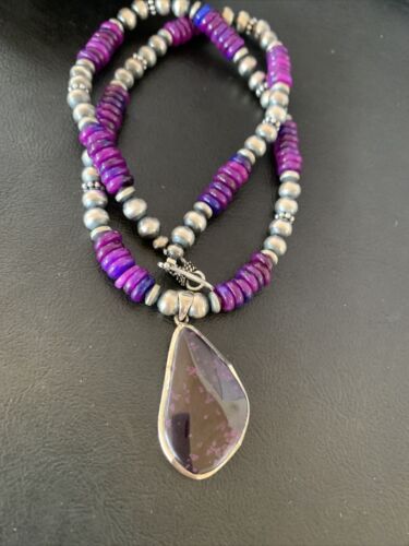 Navajo Pearls Purple Sugilite Necklace Pendant | Sterling Silver | Authentic Native American Handmade | 10329