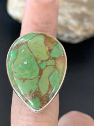 Adjustable Navajo Green Mojave Turquoise Ring | Sterling Silver | Sz 8 | 11787