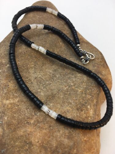 Southwestern Men's Necklace | White Mother of Pearl Heishi & Black Onyx | Sterling Silver | 19" | 8901