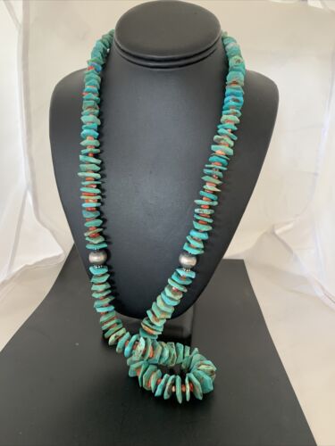 Authentic Navajo Green Turquoise & Spiny Oyster Necklace | Sterling Silver Pendant | 30" | 01852