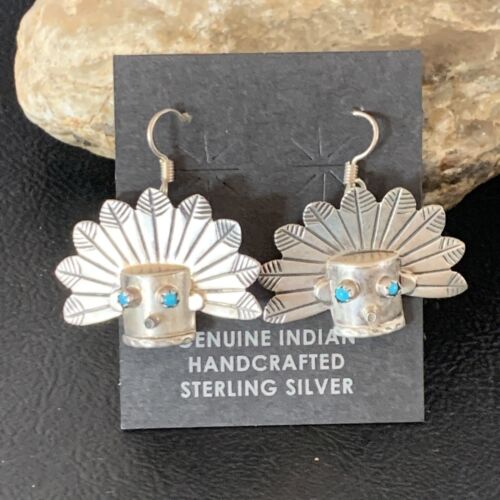 Old Pawn Native American Indian Head Dangle Earrings | Sterling Silver Blue Turquoise | 13037