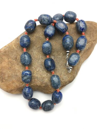 Southwestern Denim Chunky Lapis Coral Necklace | Sterling Silver | 21" | 2817