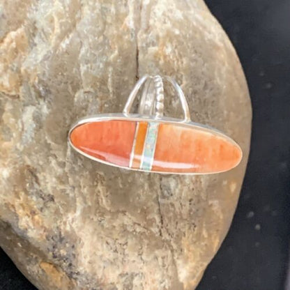 Navajo Red Spiny Oyster Opal Inlay Ring | Sterling Silver | Sz 8 | Authentic Native American Handmade | 11581