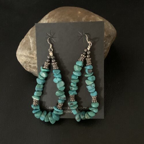 Navajo Turquoise Bead Nugget Earrings | Sterling Silver Pearls | 3" | Authentic Native American Handmade | 12890
