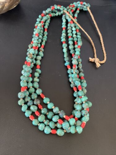 Native American Santo Domingo Blue Turquoise Coral Nugget Bead Necklace | 34" | 13183