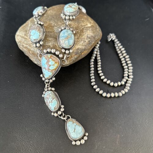 Navajo Golden Hills Turquoise Lariat Necklace | Sterling Silver | Authentic Native American Handmade | 14407