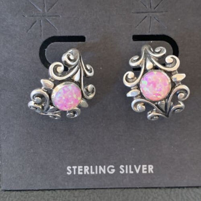Native American Women's Navajo Hoop Earrings Set | Sterling Silver Pink Opal | 12764