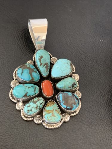 Navajo Cluster Coral Spiderweb Turquoise Pendant | Sterling Silver | Authentic Native American Handmade | 2228