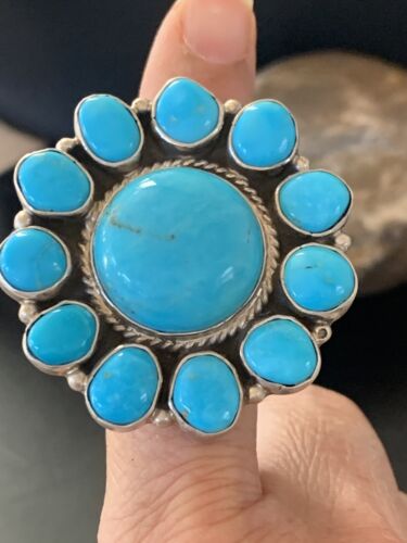 Navajo Blue Kingman Turquoise Cluster Ring | Authentic Native American Sterling Silver | Multi-Stone | Sz 7.5 | 11529