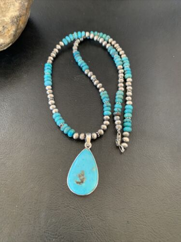 Navajo Pearl Necklace with Blue Kingman Turquoise Pendant | Sterling Silver | 11739