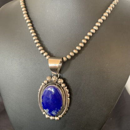 Native American Navajo Blue Lapis Pendant Necklace | Sterling Silver | Authentic Handmade | 11679 - Masha USA
