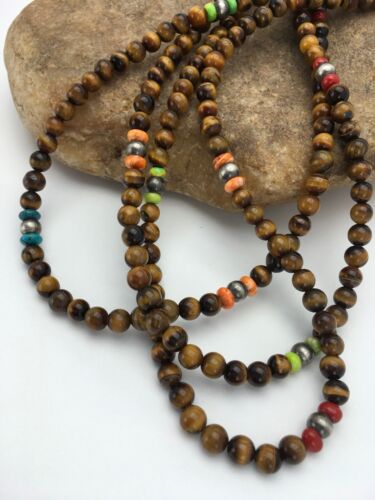 Southwestern Turquoise & Tiger's Eye Necklace | 3 Strand | Sterling Silver | 2616