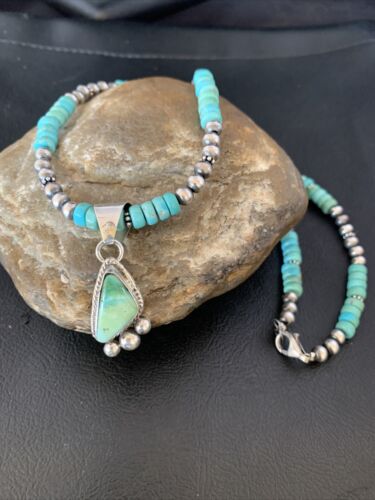 Men's Blue Turquoise Pendant Necklace | Navajo Pearls | Sterling Silver | Authentic Native American Handmade | 13202