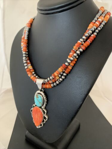 Navajo Pearl Necklace with Turquoise & Spiny Oyster Pendant | Sterling Silver | Multi-Strand | 1677
