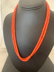 Navajo Apple Coral Tube Heishi Bead Necklace | 2 Strand | Sterling Silver | Authentic Native American Handmade | 4700