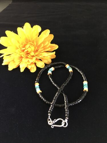 Navajo Black Onyx Turquoise Necklace | Sterling Silver | 18" | Authentic Native American Handmade | 10001