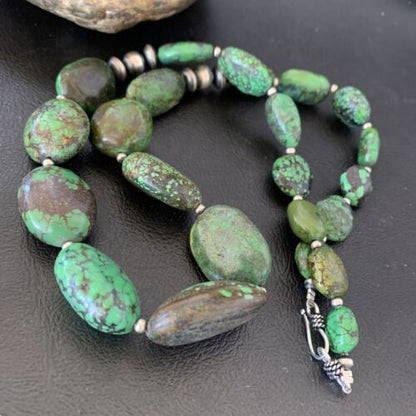 Navajo Graduated Green Nugget Turquoise Necklace | Sterling Silver | Authentic Native American | 21" | 10728