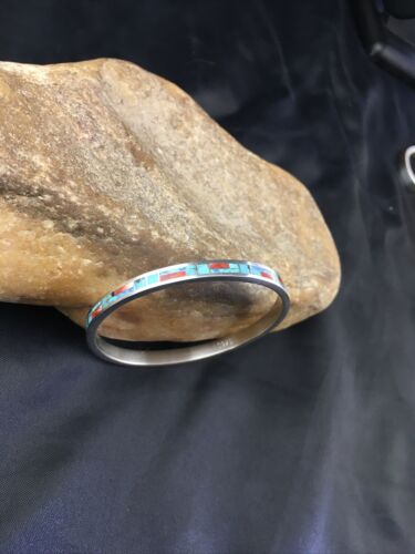 Native American Zuni Opal Spiny Turquoise Inlay Bracelet | Sterling Silver Bangle | 10199