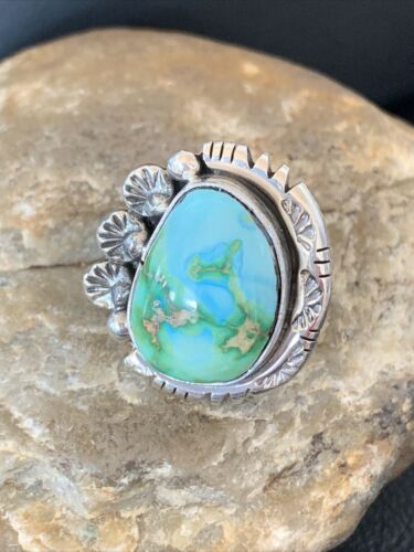 USA Womens Navajo Sterling Silver Green Sonoran Turquoise Ring S10.5 10423