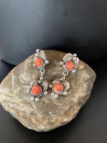 Native American Handmade Navajo Red Spiny Oyster Dangle Earrings | Sterling Silver | 2065