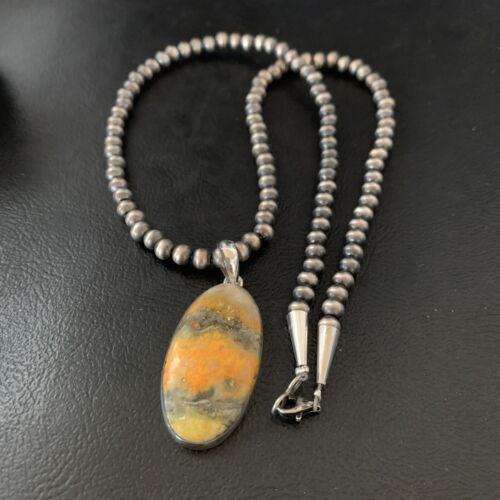 Navajo Yellow Bumblebee Jasper Pendant Necklace | Sterling Silver | Authentic Native American Handmade | 12809