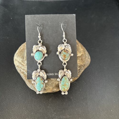 Navajo Blue #8 Turquoise Dangle Earrings | Sterling Silver | Authentic Native American Handmade | 14342