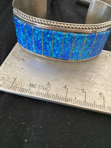 Zuni Blue Faux Opal Inlay Cuff Bracelet | Sterling Silver | Authentic Native American Handmade | 01024