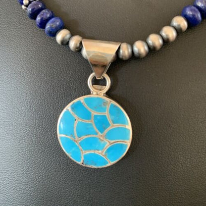 Navajo Sterling Silver Lapis Blue Turquoise Inlay Pendant Necklace | Authentic Native American Handmade | 1172