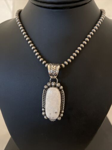 Men's White Buffalo Turquoise Pendant | Navajo Pearl Sterling Silver Necklace | Authentic Native American Handmade | 1072