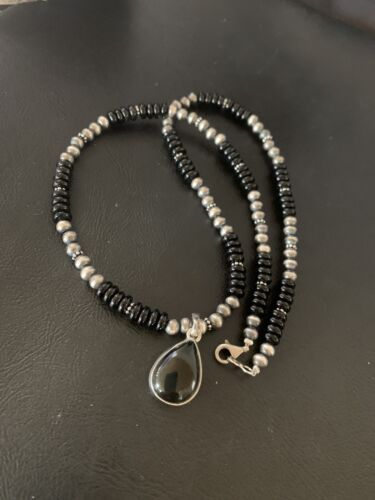 Native American Men's Navajo Pearl Necklace Pendant | Sterling Silver Black Onyx | 11907