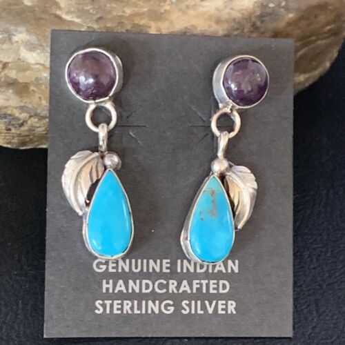 Navajo Sterling Silver Dangle Leaf Earrings | Purple Sugilite & Blue Turquoise | Handmade 13453