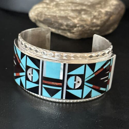 Zuni Sun Face Cuff Bracelet | Blue Turquoise & Coral Inlay | Sterling Silver | 14587