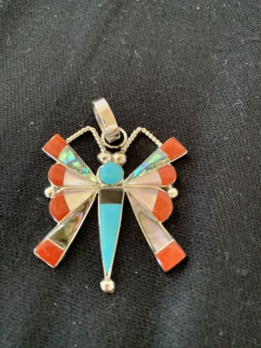 Zuni Turquoise Coral Mother of Pearl Butterfly Necklace Pin Pendant | Inlay | Sterling Silver Inlay | 1369
