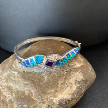 Navajo Blue Opal Amethyst Bracelet | Sterling Silver | 7" | Authentic Native American Handmade | 13123