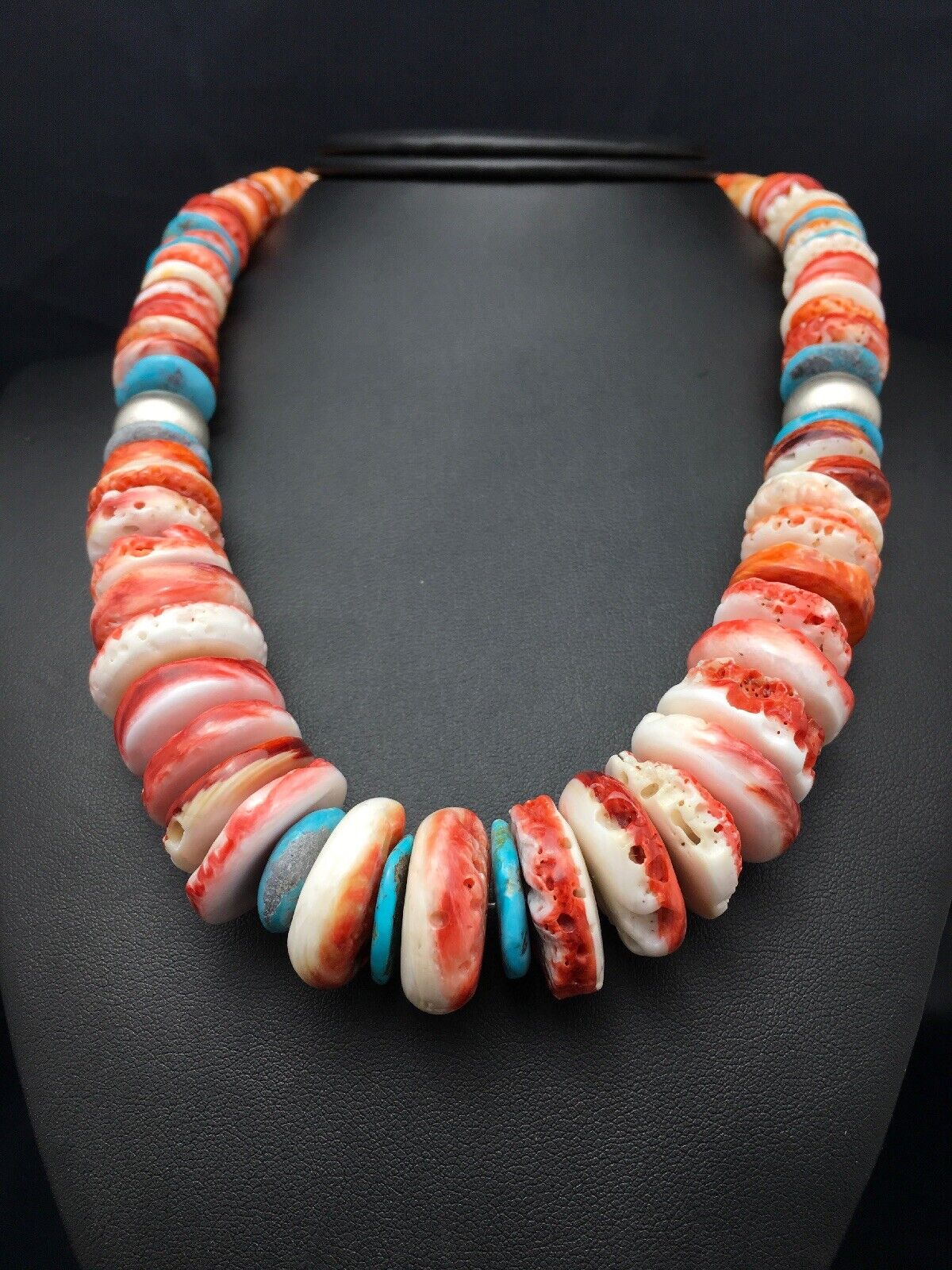 Authentic Native American Navajo Spiny Oyster Graduated Necklace | Sterling Silver | 20" | 4177